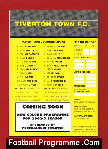 Tiverton Town v Plymouth Argyle 2002