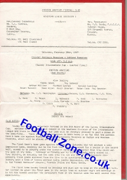 Croydon Amateurs v Ashtead 1967 – Reserves Amateur Single Sheet