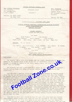 Croydon Amateurs v Cockfosters Athletic 1966 – Single Sheet