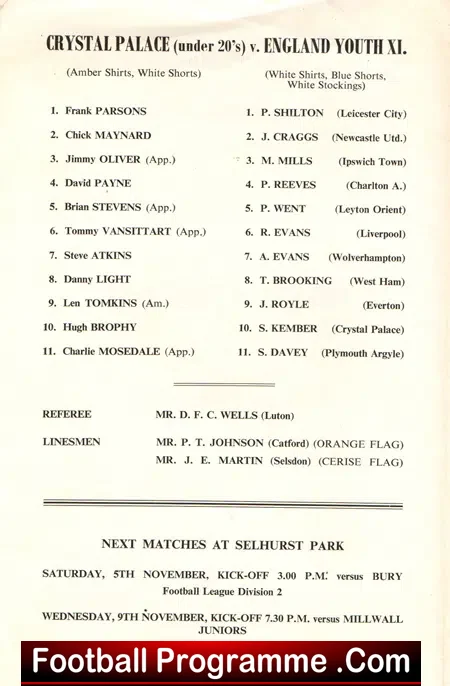Crystal Palace v England Youth 1966 – Brooking + Reeves