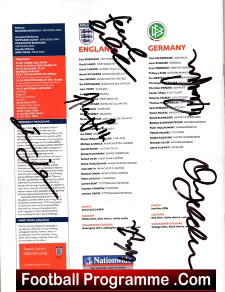 England v Germany 2007 + Ticket – Multi Signed Beckham Owen Plus
