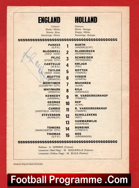 England v Holland 1973 – U23 Match at Arsenal – Signed