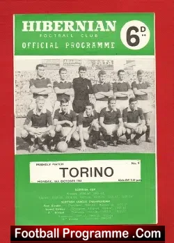 Hibernian Hibs v Torino 1961 - Friendly Match Denis Law - football programme