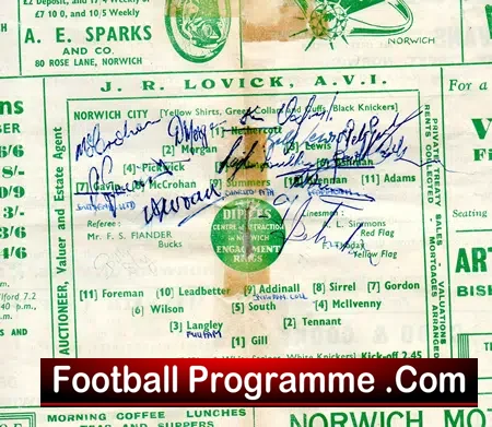 Norwich City v Brighton 1953 – Multi Autographed Signed