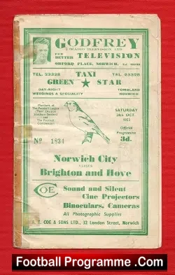 Norwich City v Brighton 1953 – Multi Autographed Signed