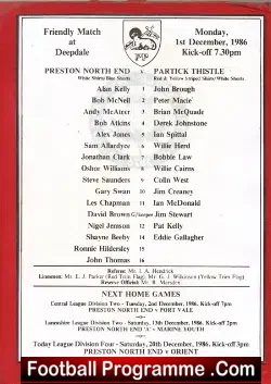 Preston North End v Partick Thistle 1986 - Signed Single Sheet - football programme