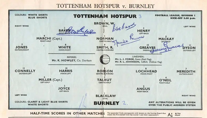 Tottenham Hotspur v Burnley 1963 – Multi Signed + Jimmy Greaves