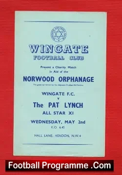 Wingate v Pat Lynch All Star X1 1956 - Norwood Orphanage - football programme
