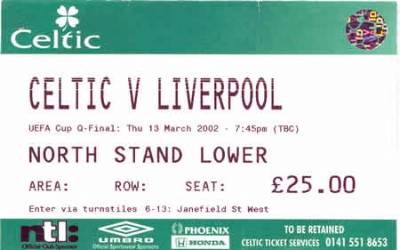 Glasgow Celtic v Liverpool 2002 - Football Ticket
