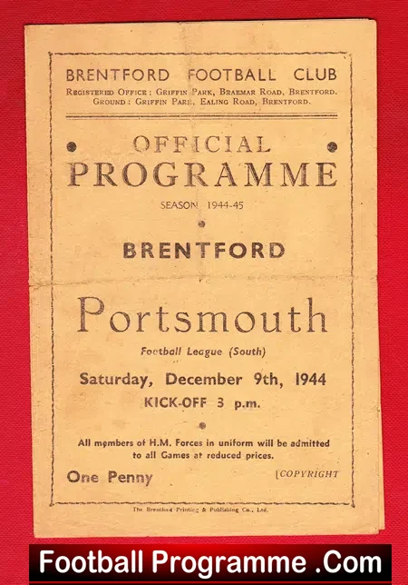 Brentford v Portsmouth 1944 – War Time Football Programme