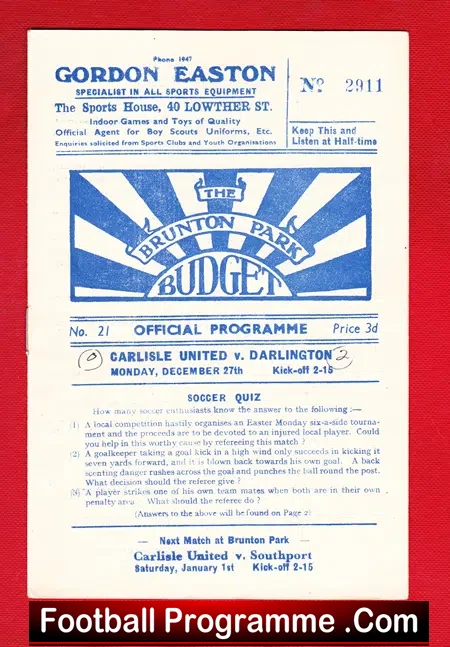Carlisle United v Darlington 1948 – 1940s Football Programme