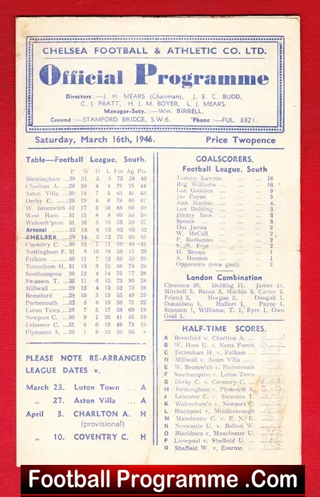 Chelsea v Arsenal 1946 – 1940s Programme