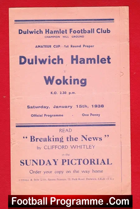 Dulwich Hamlet v Woking 1938 – Old Football Programmes
