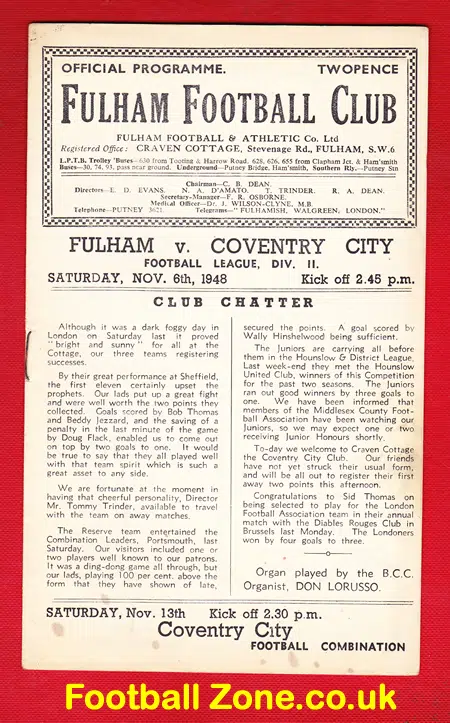 Fulham v Coventry City 1948 – 1940s Football Programme