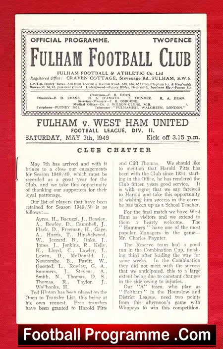 Fulham v West Ham 1949 – 1940s Programme