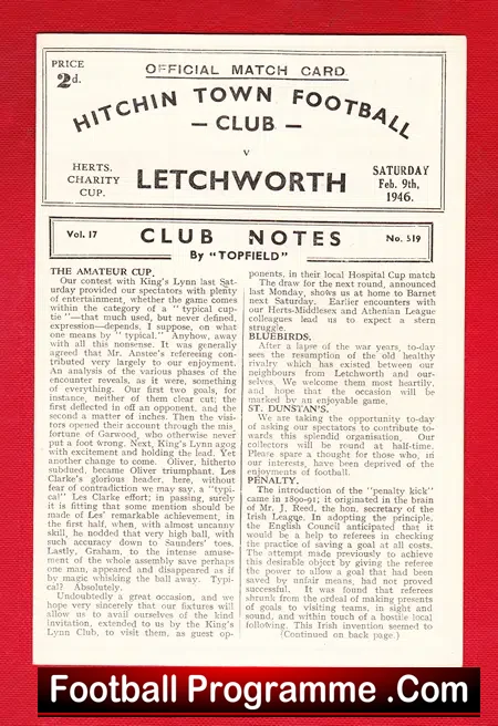Hitchin Town v Letchworth 1946 – 1940s Football Programme