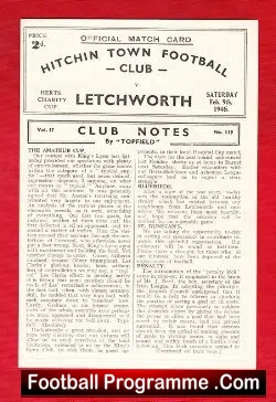 Hitchin Town v Letchworth 1946 – 1940s Football Programme