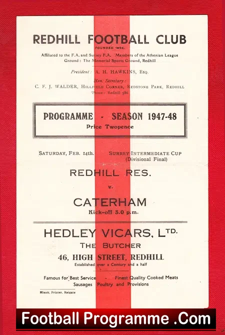 Redhill v Caterham 1948 – 1940s Football Programme