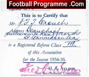 Referee Football Certificate Card 1934 – 1930s Ref