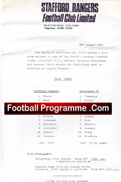 Stafford Rangers v Liverpool XI 1981 – Pre season friendly match
