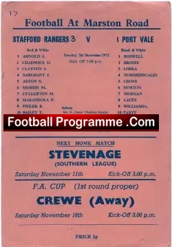 Stafford Rangers v Port Vale 1972 – Single Sheet