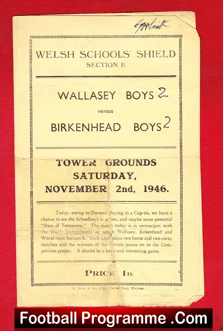 Wallasey v Birkenhead Boys 1946 – Towers Grounds Liverpool