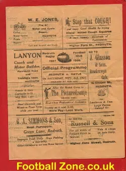 Redruth Rugby v Hayle 1927 - Rare Rugby Memorabilia