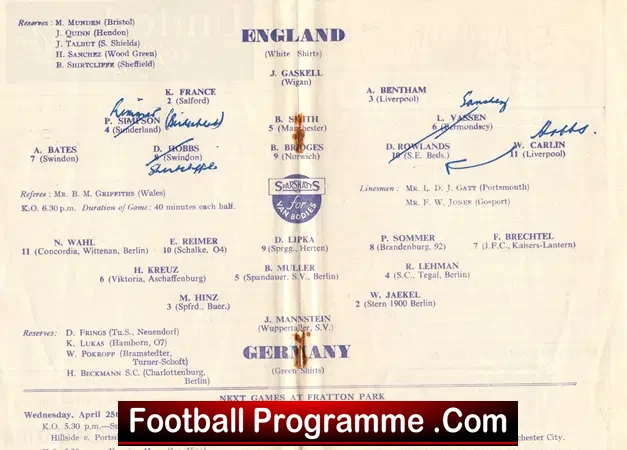 England v Germany 1956 – Schoolboys at Portsmouth – Rowlands