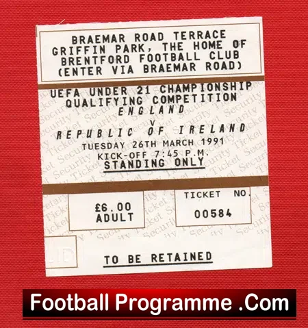 England v Ireland 1991 – Plus Match Ticket U21 – Under 21