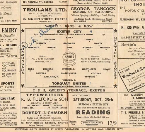 Exeter City v Torquay United 1952 – Signed Dick Walton