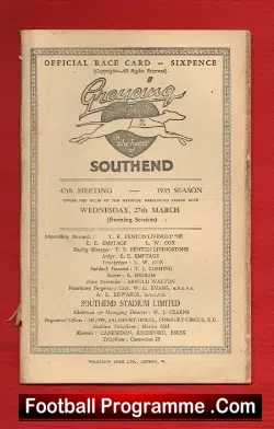 Greyhound Racing Programme Southend 27th March 1935