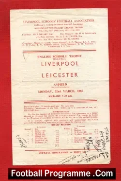 Liverpool v Leicester 1965 - Schools Trophy Semi Final Anfield - football programme
