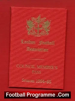 London Football Association Council Members Pass Book 1994 1995