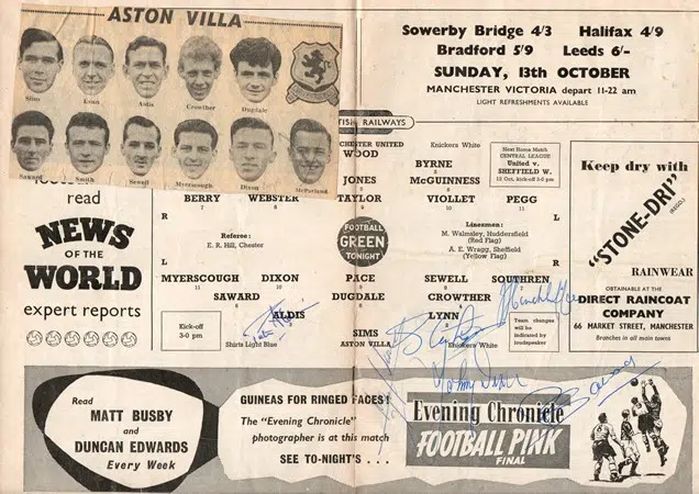 Manchester United v Aston Villa 1957 – Plus Multi Autographed