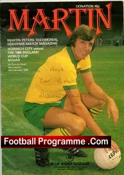 Martin Peters Testimonial Benefit Match 1978 – Signed + Bobby Charlton