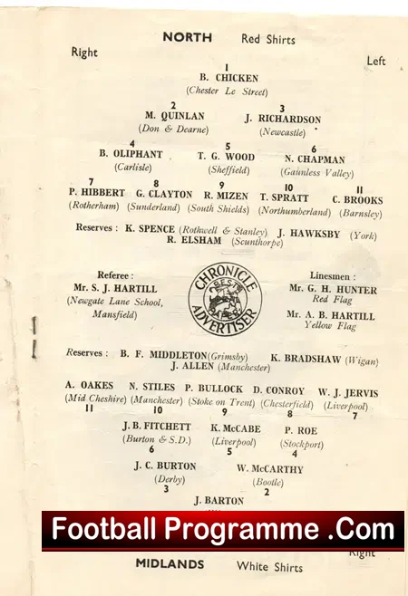 North v Midlands 1957 – SchoolBoys Football Match at Mansfield 1