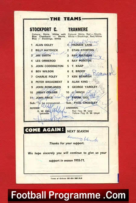 Stockport County v Tranmere Rovers 1970 – Multi Signed