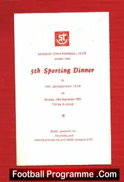 Swindon Town Sporting Dinner Menu 1985 – Denis Crompton