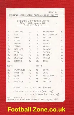 Rochdale v Rotherham United 1981 - Single Sheet Friendly Match