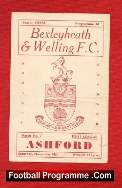 Bexleyheath Welling v Ashford Town 1959 - football programme