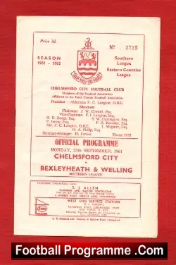 Chelmsford City v Bexleyheath Welling 1961 - football programme