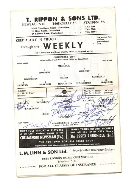 Chelmsford City v Folkestone Town 1966 – Multi Autographs
