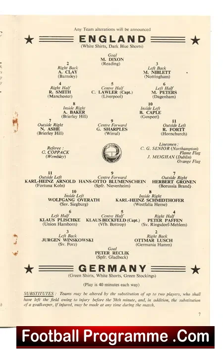 England v Germany 1959 – Wembley Sharples – Schoolboys