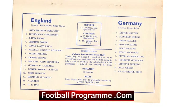 England v Germany 1970 – Schoolboys Match at Sunderland
