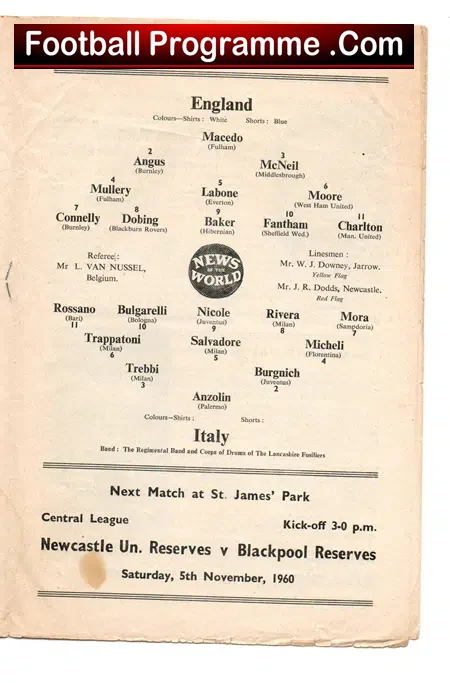 England v Italy 1960 – U23 at Newcastle – Bobby Charlton
