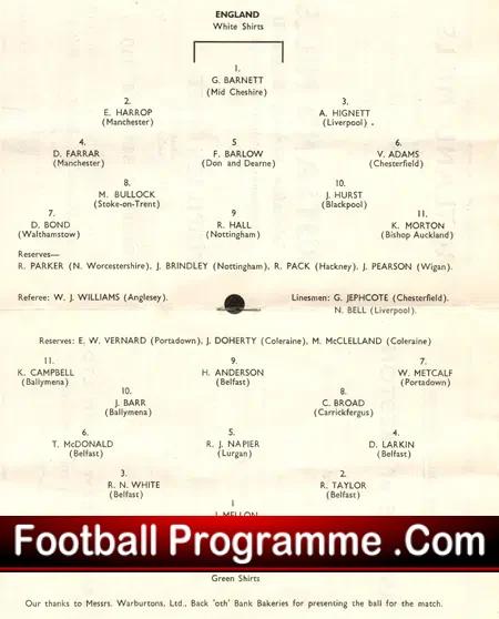 England v Northern Ireland 1962 – Youths Burnden Park Bolton
