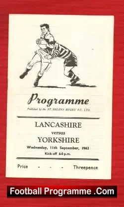 Lancashire Rugby v Yorkshire 1963 - Rugby Match at St Helens - rugby programme