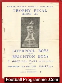 Liverpool Boys v Brighton Boys 1956 Trophy Cup Final at Everton - football programme