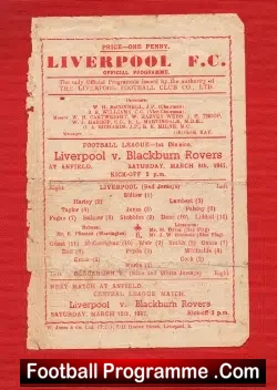 Liverpool v Blackburn Rovers 1947 – Single Sheet Programme
