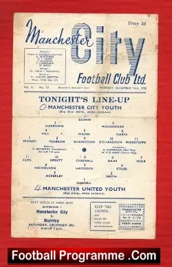 Manchester City v Manchester United 1958 - Youth Match - football programme